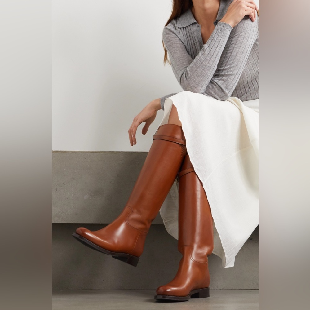 NEW Prada 30mm Logo-embossed Leather Knee Riding Boots Cognac Brown size 40.5